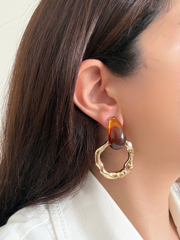 گوشواره زنانه دو تکه رزینی قهوه ای طلایی